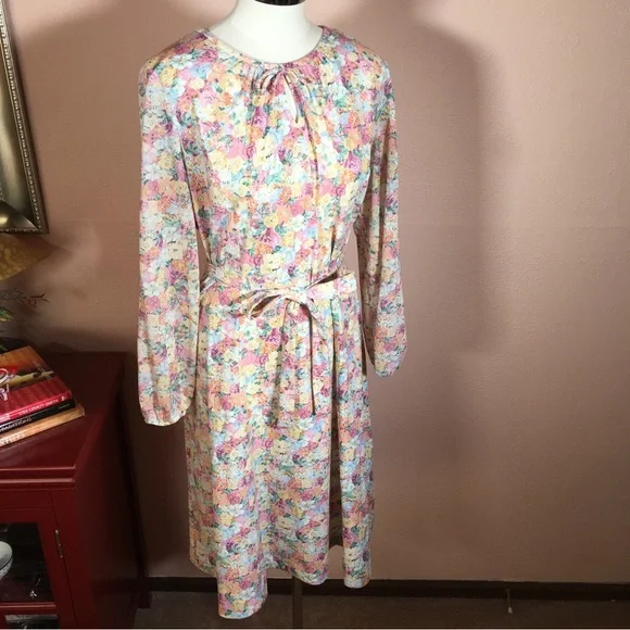 Vintage 60 70 Cottagecore Pastel Floral Peasant Midi Dress Poet sleeves - Picture 12 of 16